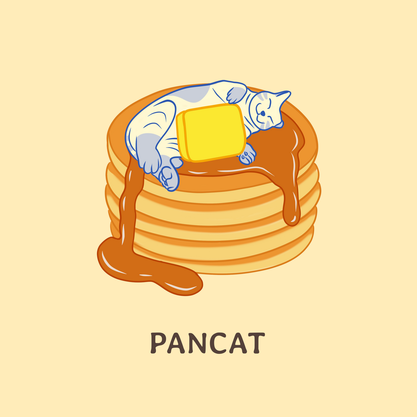 Delightful poster featuring a cat lounging on a stack of five pancakes. A whimsical addition to your space, capturing feline-inspired sweetness in this charming and multi-layered art piece."