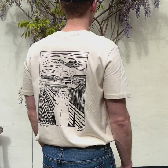 "The meow" - Hand screen printed unisex shortsleeve T-shirt  This vintage white t-shirt is with an illustration featuring a cat screaming as alien kidnapped the other cats in the background, mimicking the famous art work "The scream" from Edvard Munch. The design is perfect for cat lovers and art lover. The comfortable fabric is ideal for everyday wear, while the unique design makes you instantly stand out in the crowd.&nbsp;